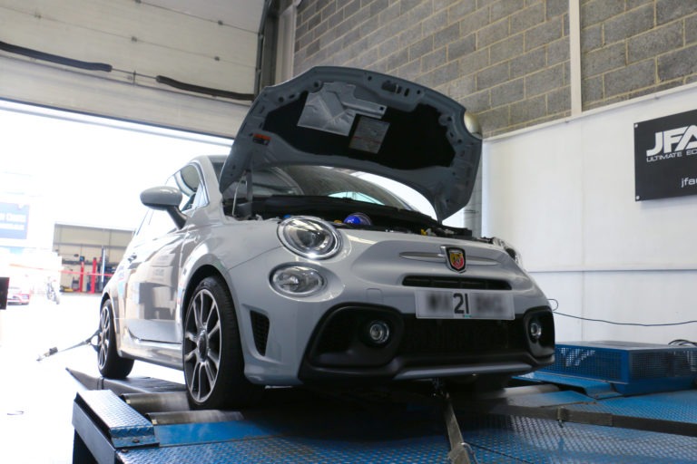 White Abarth 2021 strapped down on the dyno ready for tuning!