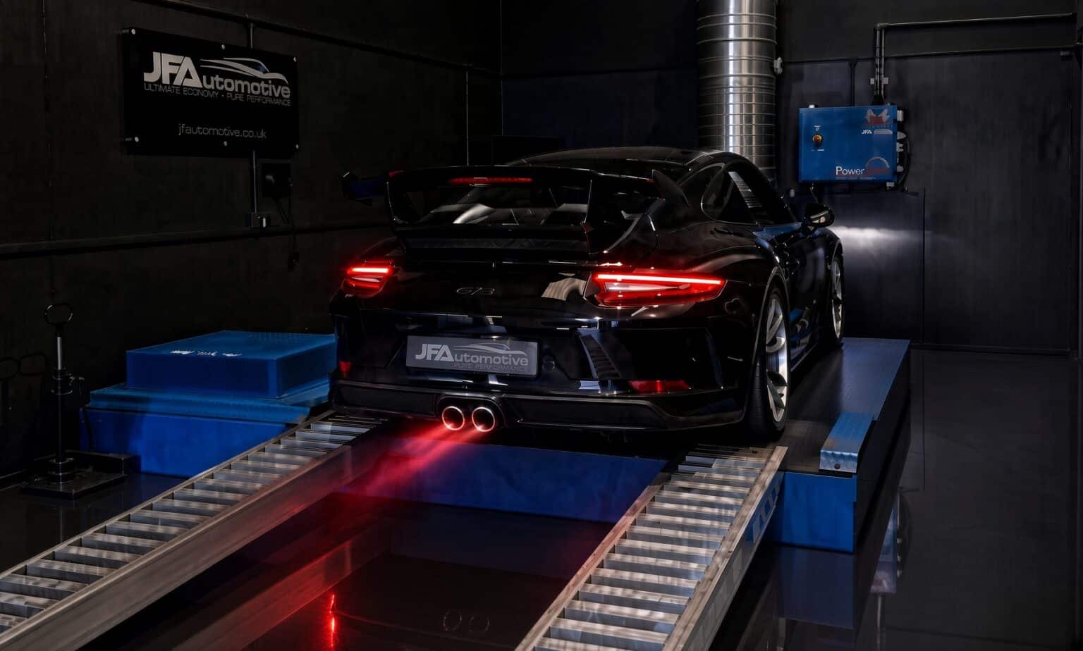 Porsche 911 GT3 on the 4WD rolling road at JF Automotive in Maidstone