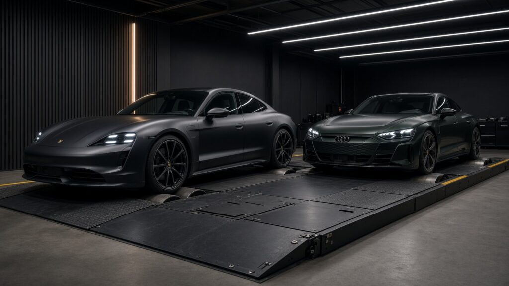 A Porsche Taycan and an Audi e-tron GT side by side on the rolling road at JF Automotive in Maidstone