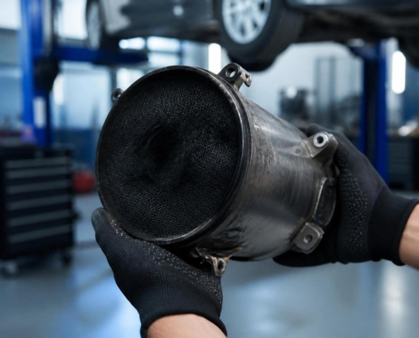 Sooty diesel particulate filter just removed from a car