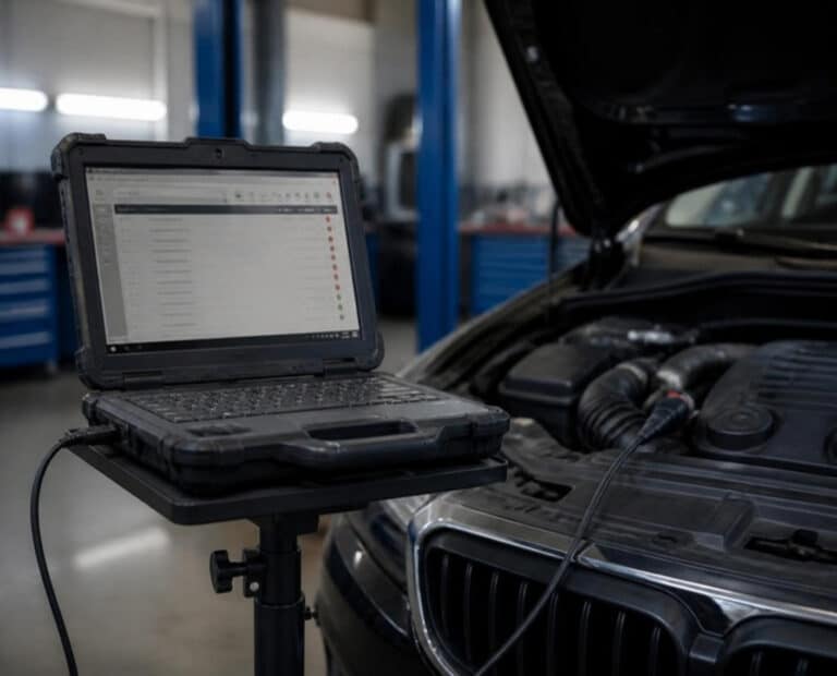 Diagnostic laptop connected to a car in the workshop
